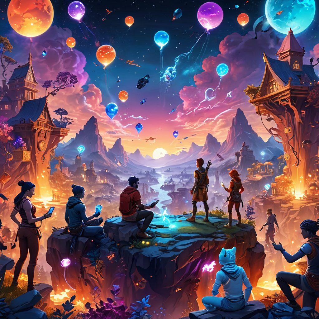 A vibrant digital landscape depicting diverse avatars engaged in collaborative gaming, surrounded by glowing game elements and chat bubbles showing friendly interactions. Include a backdrop of a fantastical world with elements from various game genres, and warm colors emphasizing camaraderie. super-realistic. vibrant colors. digital art.